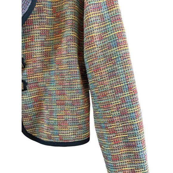 Multicolor Woven Patterned Women's Jacket With Black Trim Decorative Buttons - Picture 3 of 4